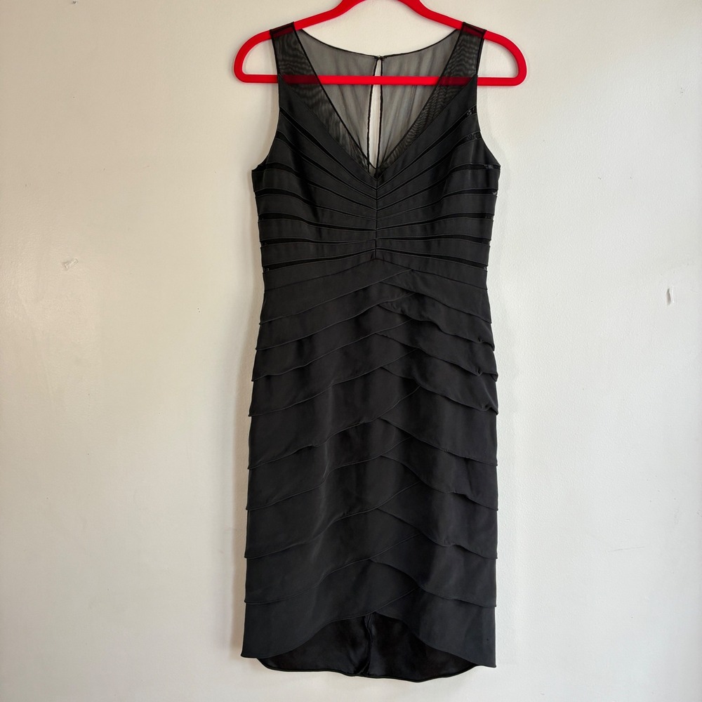 Chetta B 100% Silk Black Cocktail Dress Size 8 Sheer Mesh Ruched‎ Evening
